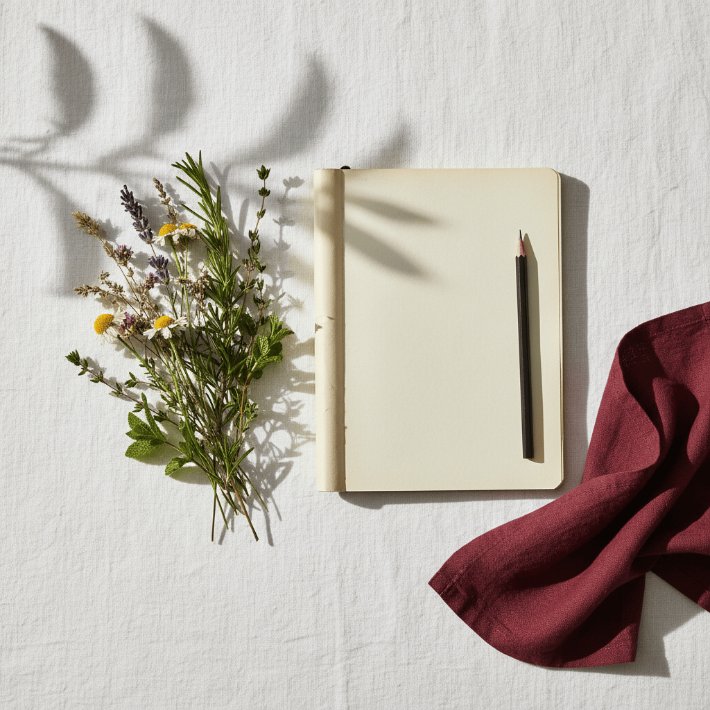 Flat lay of an open notebook, dried flowers, fresh herbs and a burgundy linen napkin in morning shadows