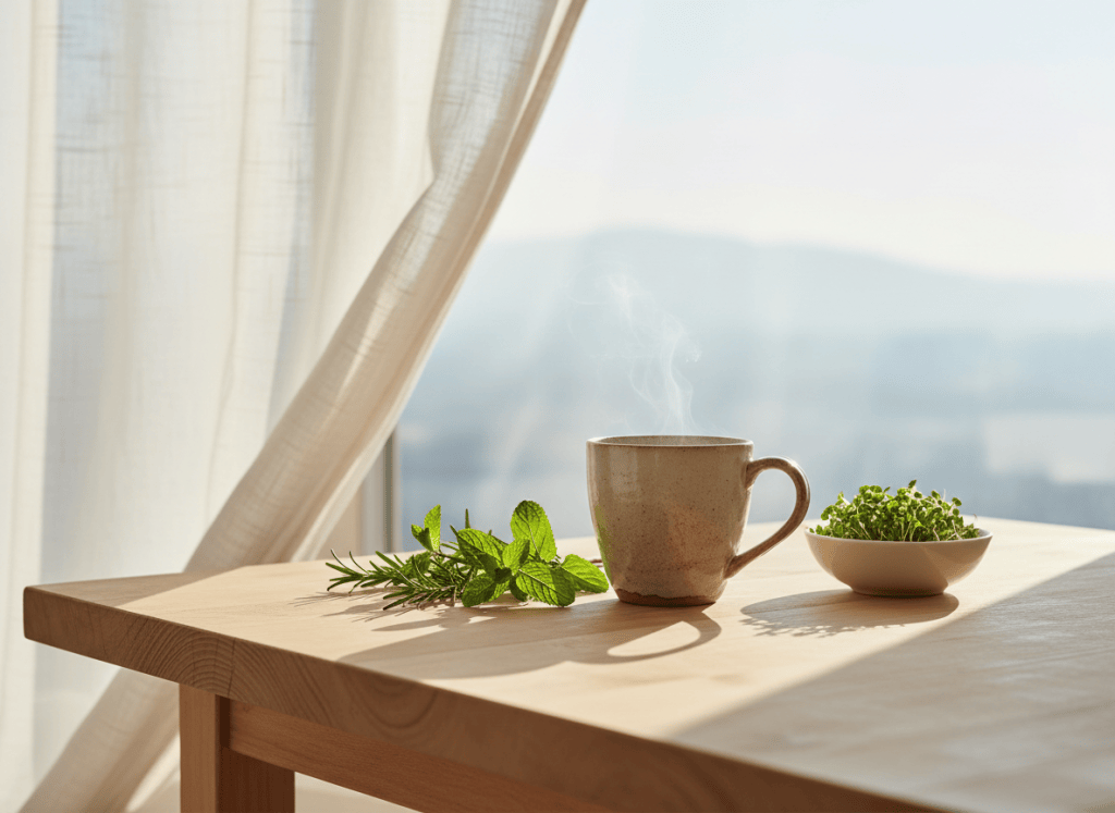 Morning light through a linen curtain onto a wooden table with herbal tea, fresh herbs and sprouts