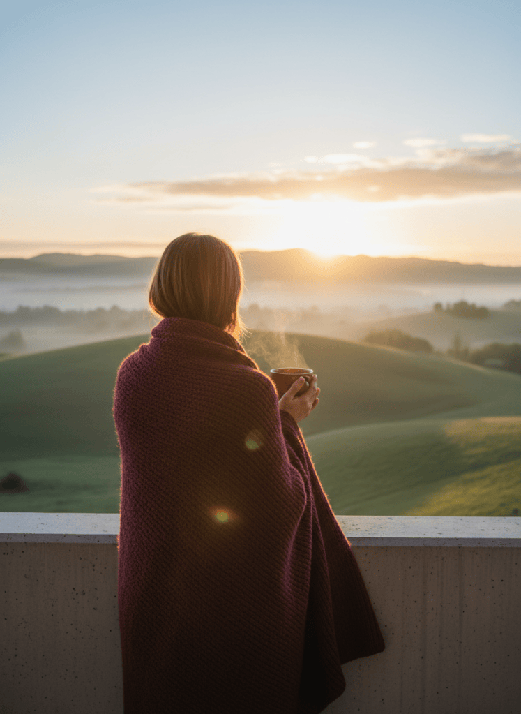 A woman seen from behind, wrapped in a burgundy knit blanket, holding a warm cup on a balcony at sunrise over misty hills